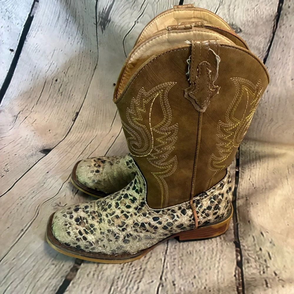 Roper Girl’s Glitter‎ Leopard Faux Leather Western Cowgirl Boot Size 3 GUC